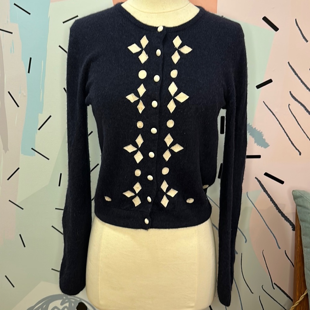90’s Anthropologie Cropped Cashmere/Lamb’s Wool Cardigan with Leather Appliqués